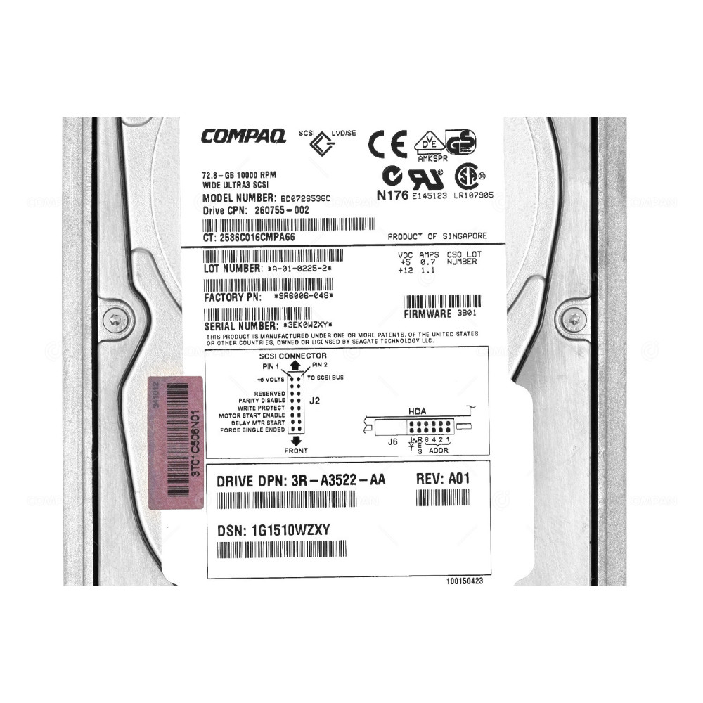 260755-002 HP HDD 72.8GB 10K SCSI U320 3.5" LFF HOT-SWAP FOR HP COMPAQ